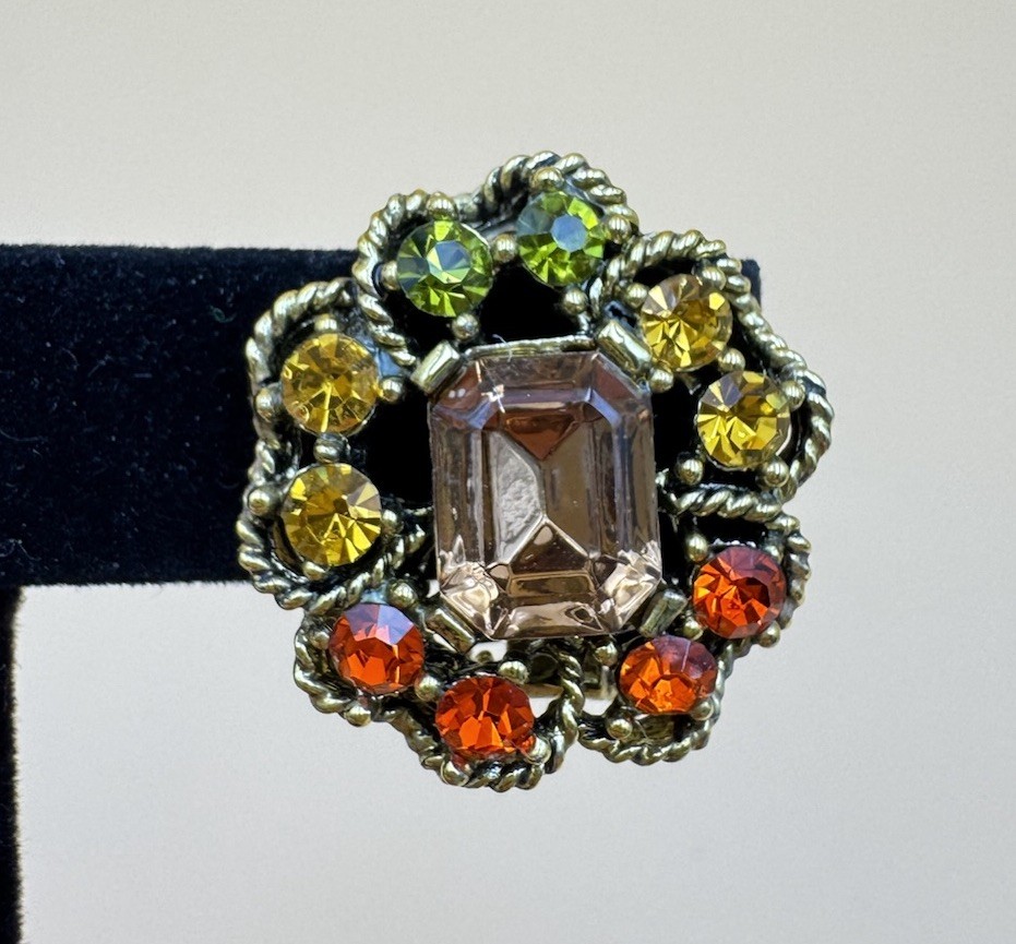 Vintage Rhinestone Clip-on Earrings Orange Green Yellow Flower Shape Judy Lee
