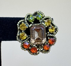 Vintage Rhinestone Clip-on Earrings Orange Green Yellow Flower Shape Judy Lee