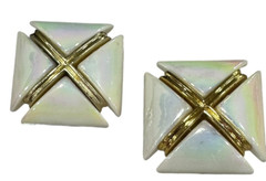 Vtg 1980s 1990s Chunky X Design White Gold Iridescent Statement Clip On Earrings