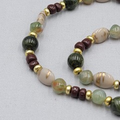 Vintage Brown Green Beige Bead Necklace Gold tone 36″