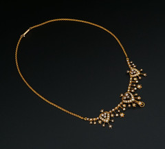 Antique 18K Gold Diamond Seed Pearl Garland Necklace Late Victorian 14.5″ NG1888