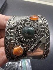 Vintage Indian Bohemian Cuff Bracelet with Natural Gemstones. Silver Tone