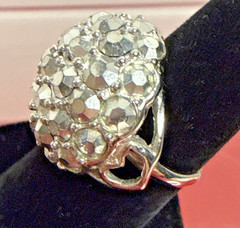 Vintage Silver Tone Rhinestone Dome Cocktail Ring Unmarked Adjustable Size
