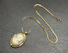 Vintage Victorian Revival Lady Cameo Pendant Gold Plated 23” Chain Necklace