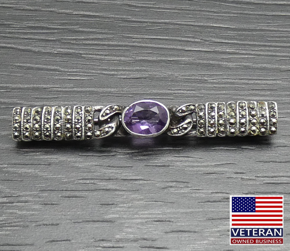 Vintage Sterling Silver Unique Oval Purple Stone Marcasite Bar Brooch Pin
