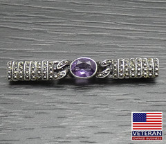Vintage Sterling Silver Unique Oval Purple Stone Marcasite Bar Brooch Pin