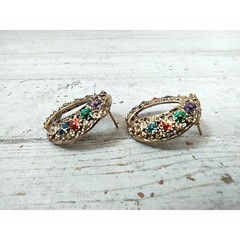 Vintage Gold Tone Enamel Ornate Oval Eye Floral Pierced Post Earrings Colorful