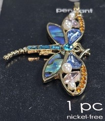 Dragonfly Pendant Abalone & Rhinestones Nickel Free Hildie & Jo