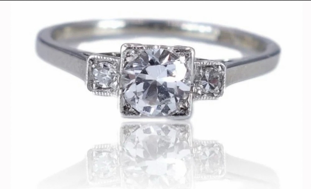 Art Deco c.1930 White Sapphire Diamond 18K White Gold Platinum Ring Sz 5.75