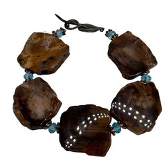 Vtg Petrified Wood Slab Panel Blue Crystal Bracelet Sterling Silver Leaf Clasp
