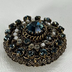 Vtg Dome Shaped Brooch Blue Crystals and Faux Seed Pearls MISSING 7 Faux Pearls