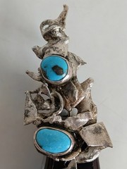 Vintage Modernist Abstract sterling silver brooch/pendant w/turquoise cabachons