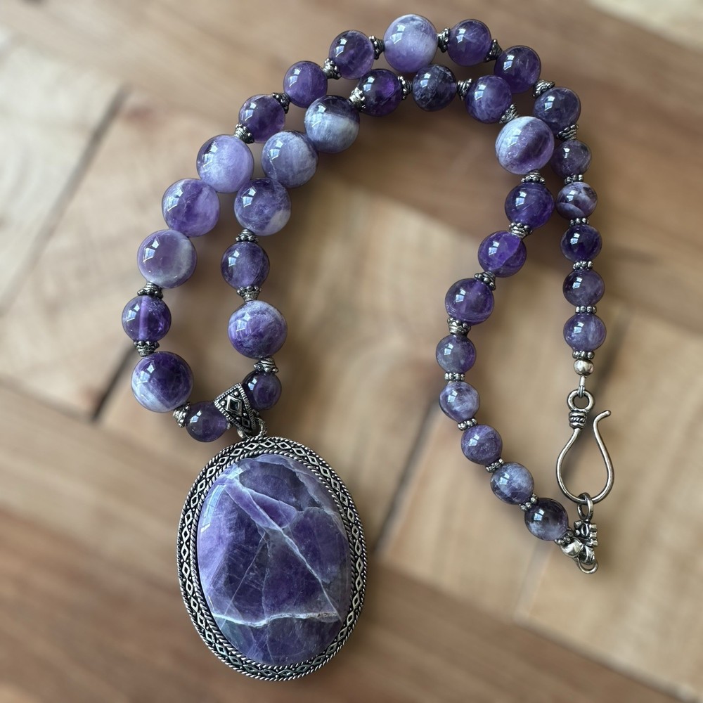 VTG Artisan Beaded Pendant Necklace 18 Inch Purple Amethyst Quartz Silver Plated