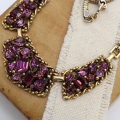 Vtg Barclay Purple Amethyst Rhinestone Gold Tone Necklace Choker Mesh Bib Signed