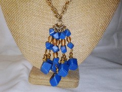Vintage 1960’s Faceted Blue Lucite Tassel Necklace Gold Plated Flapper Sautoir