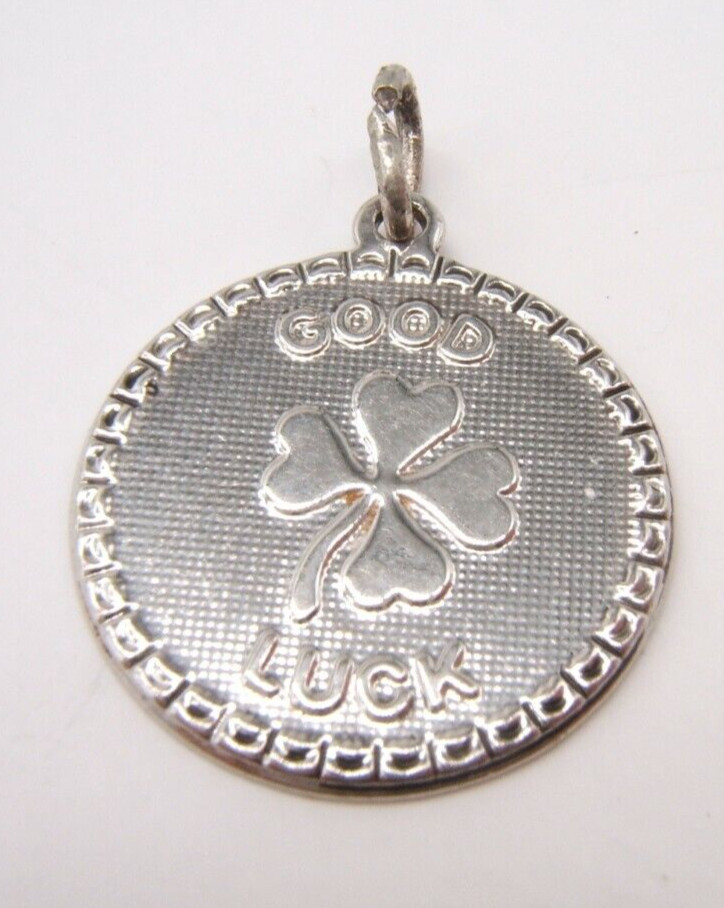 VTG SILVER PLATE DISK CHARM 4 LEAF CLOVER GOOD LUCK