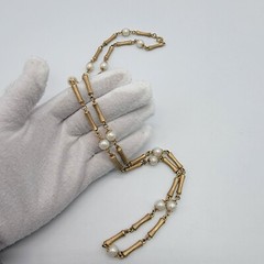 Vintage Faux Pearl Brush Gold Tone Necklace Unique Chain 30″