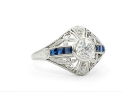 Bezel Set Old Mine Cut Moissanite With Blue Sapphire Floral 925 Silver Ring