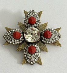 Vintage J. Crew Brooch Gold Tone Maltese Cross Brulee Crystal Clear Rhinestone