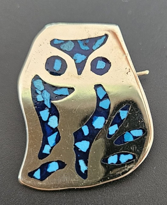 Vintage Taxco Mexico Alpaca Silver Owl Brooch Pin Turquoise Inlay Mexican Artisa