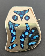 Vintage Taxco Mexico Alpaca Silver Owl Brooch Pin Turquoise Inlay Mexican Artisa
