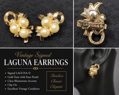 Mid Century Vintage Signed Laguna Faux Pearl Rhinestone Gold Tone Clip Ons