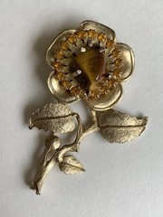 Vintage Flower 2.5” Pin & 1” ER W/ Natural Tigers Eye Stone & Gold Rhinestones
