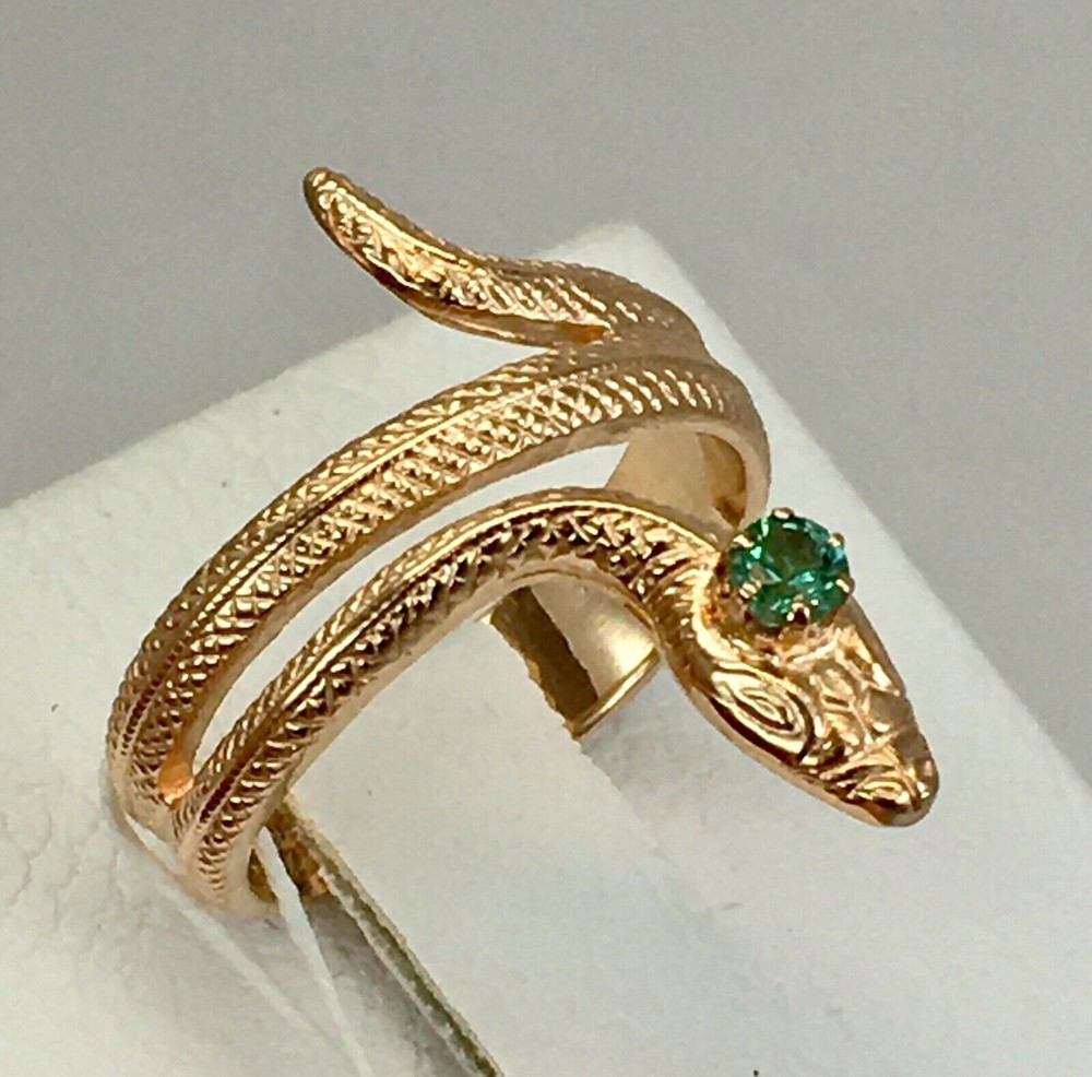 Antique Green Eye Snake Wrap Ring 2.0 Ct Simulated Emerald 14k Yellow Gold Over