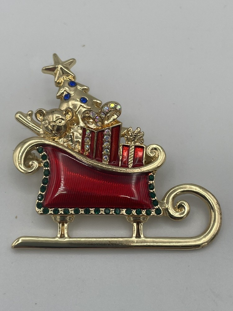 LC Lauren Conrad Christmas Sleigh Rhinestone Enamel Brooch Gold Tone Signed