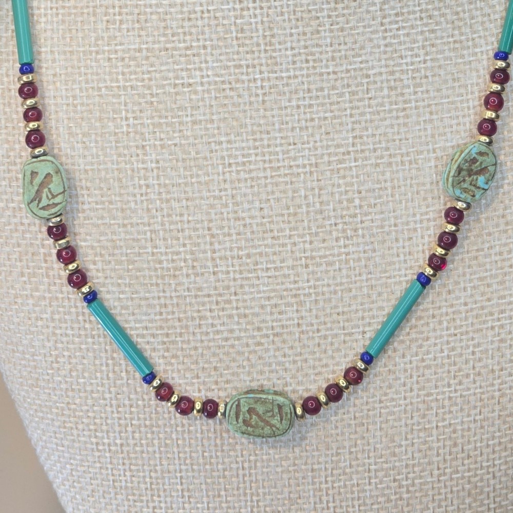 Vintage Egyptian Revival Necklace With Teal Scarab Beads & Red Gold Glass boho