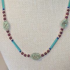 Vintage Egyptian Revival Necklace With Teal Scarab Beads & Red Gold Glass boho