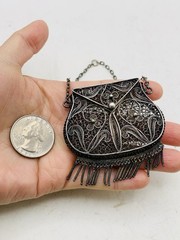 Antique Silver Tone Intricate Filigree Swirl Flower Coin Perfume Purse Pendant