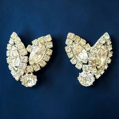 Weiss Earrings Rhinestone Clip On Clear Navette Signed Vintage Mid Century