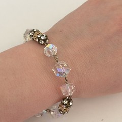 Vintage Clear AB Crystal Gold Tone Flower Openwork Beaded Tassel Bracelet 6.75″