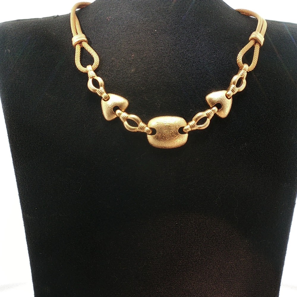 Vintage Gold-Tone Floral Necklace Textured Flowers Pearl Accent