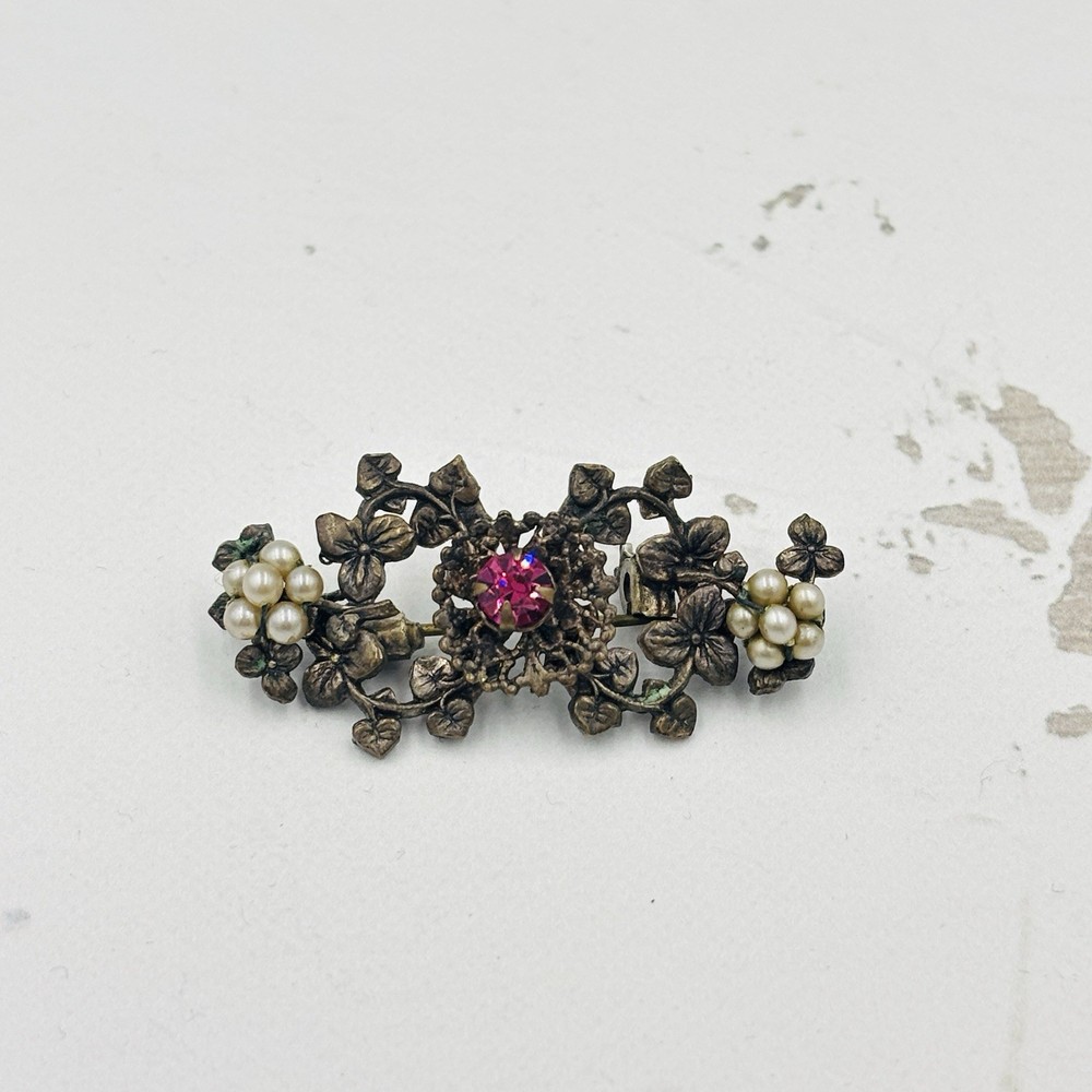 Vintage Mid Century Brass Filigree Brooch Hand Wired Pearls and Pink Rhinestone