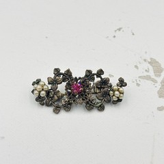Vintage Mid Century Brass Filigree Brooch Hand Wired Pearls and Pink Rhinestone