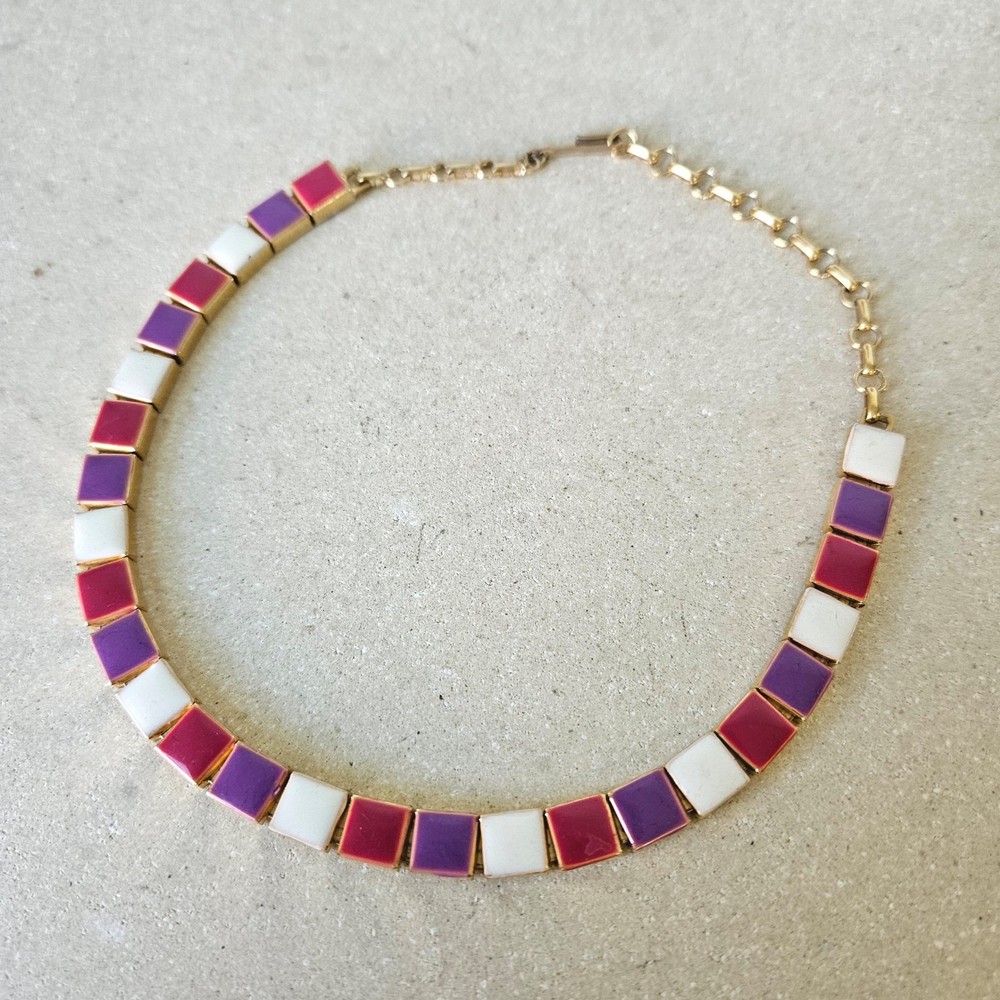 Vtg 80s Enamel Square Tile Choker Necklace Gold Tone Magenta Purple Cream Retro