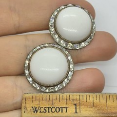 Vtg Channel Set Rhinestone Halo White Cabochon Brass Huggie Earrings Screwback