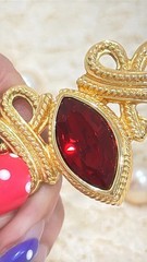 Vintage Swarovski Swan Faux Pearl Choker Necklace Red Crystal Gold Tone