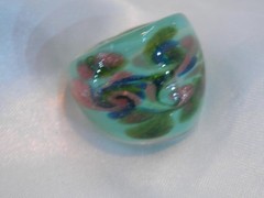 OOAK GORGEOUS Work of Art Hand Made Green Copper Foil Glass Sz 8 WIDE Ring 9My5