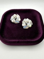 Vintage M.I.W. Germany Beaded Cluster Clip-On Earrings Opalescent Glass AB Beads