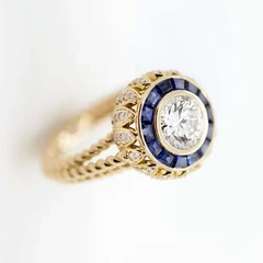 Elegant Art Deco Style Lab-Grown Diamond & Sapphire 14K Yellow Gold FN Gift Ring