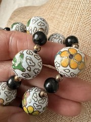 Vintage Chinese Export Cloisonné Beaded Necklace Black Green Floral Enamel 32”