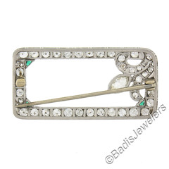 Antique Art Deco Platinum Old Cut Diamond w/ Emeralds Open Geometric Brooch Pin