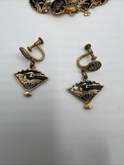 Vintage Amita Damascene Fan Link 3 Piece Set 24k Gold Plated Japan Full Parure