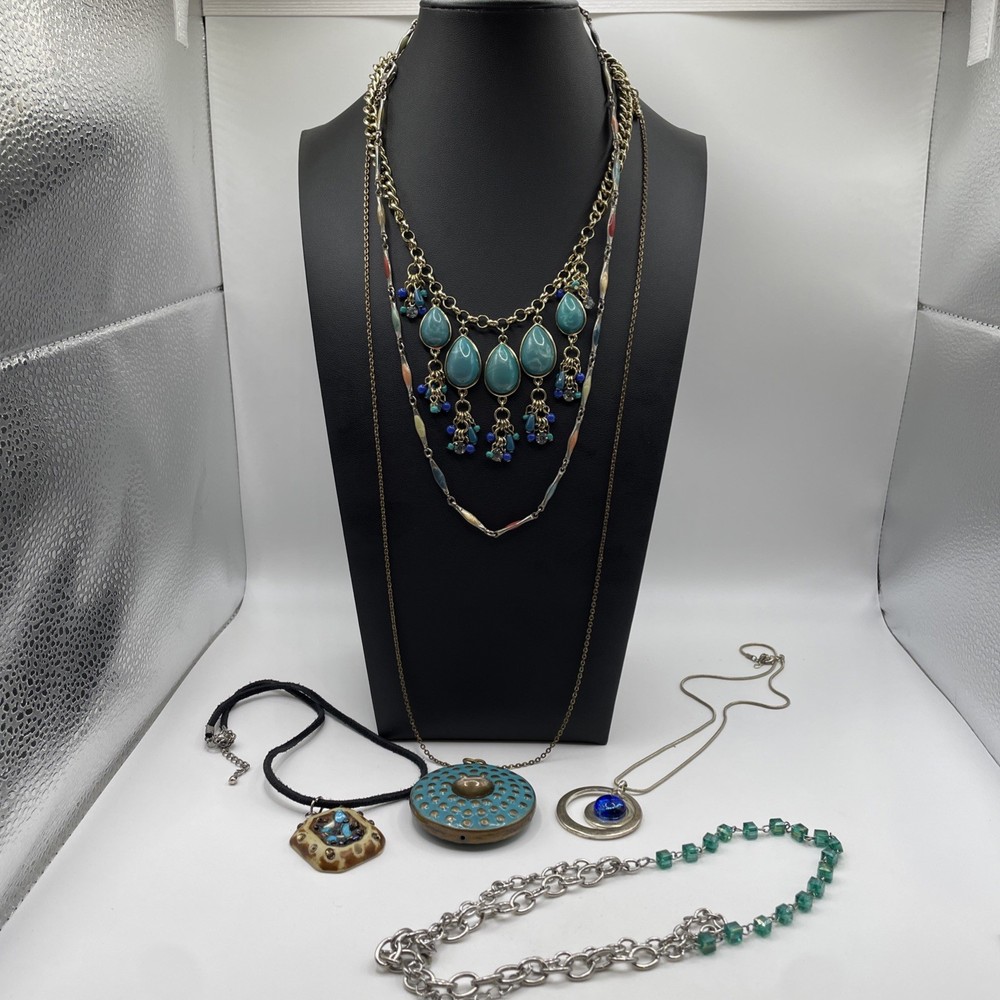 Necklace Lot Of 6 Teal Blue BOHO Eclectic Acrylic, Glass, Metal, Beads Estate