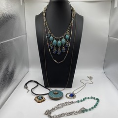 Necklace Lot Of 6 Teal Blue BOHO Eclectic Acrylic, Glass, Metal, Beads Estate