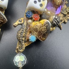 Vintage Handmade Assemblage Clip On Earrings Seahorse Dice Rhinestone Charms