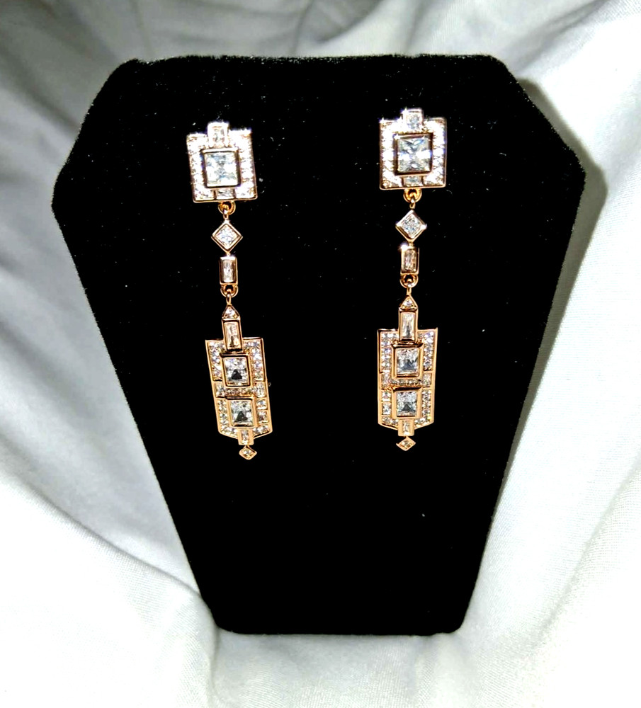 VINTAGE RETRO STYLE 18kt GOLD PLATED & CZ DANGLE PIERCED EARRINGS